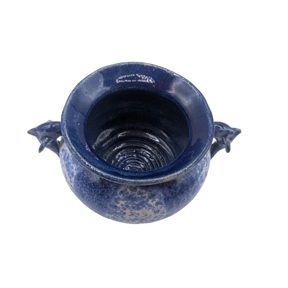 Studio Pottery Blue Speckled Ceramic Pot With Dolphin Handles Signed Base 5" X 6 - Picture 3 of 10